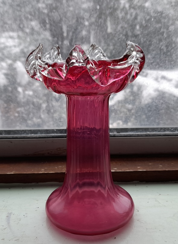 cranberry hyacinth vase with pronged trailing